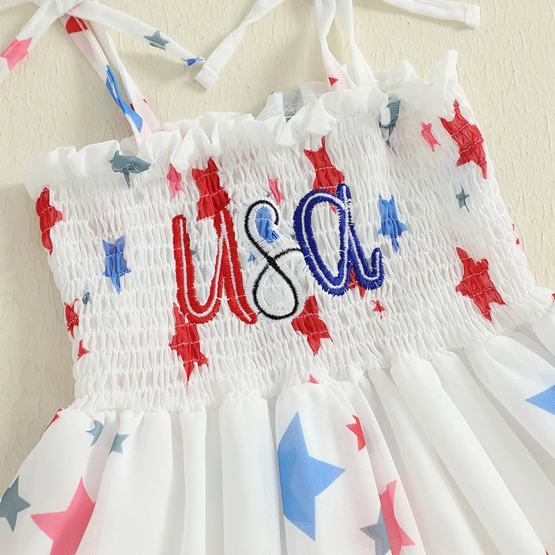 Adorable Baby Girls American Flag Dress Sleeveless Star Print Patriotic Dress with Tie-up Straps and Embroidered Letters for