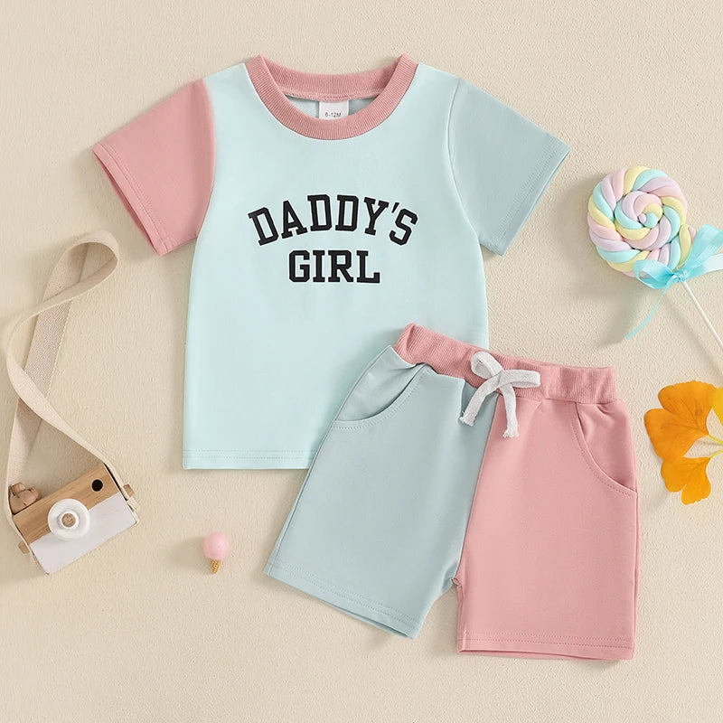 Infant Girl Summer Outfit Set with Cute Letter Print T-shirt and Elastic Waist Shorts for Toddler Girls - 2 Piece Contrast