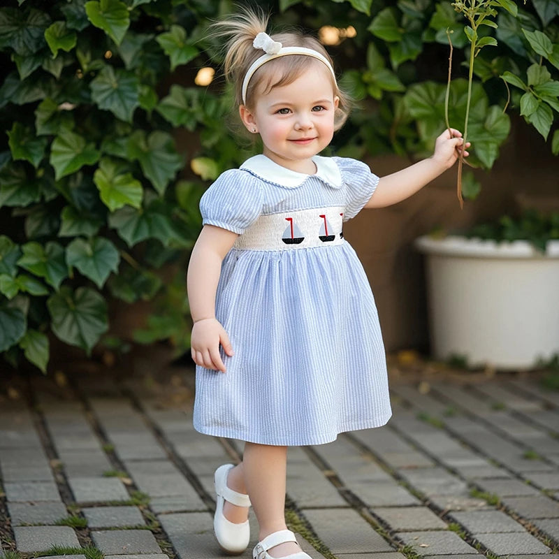 Child Girl Summer Striped A-Line Dress with Doll Collar Short Sleeves and Nautical Embroidery Detail