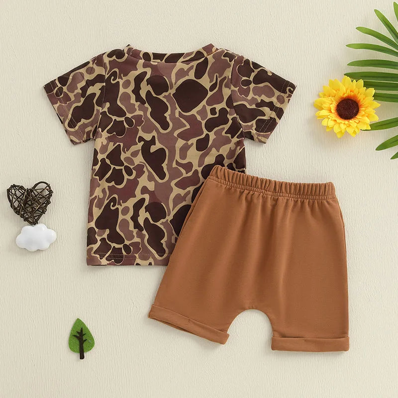 Boys Summer Outfit Set with Short Sleeve Camouflage Top and Drawstring Shorts O Neck Design for Comfort and Style
