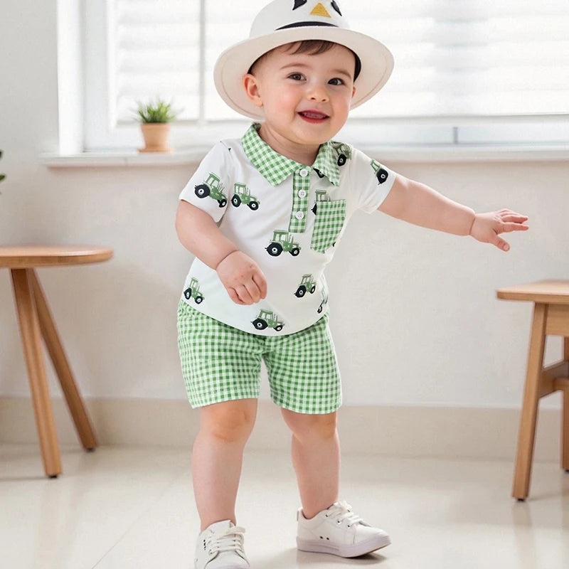 Adorable Infant Boy s Summer Ensemble featuring Cute Golf Print and Plaid Design Short Sleeve Shirt with Matching Shorts 2