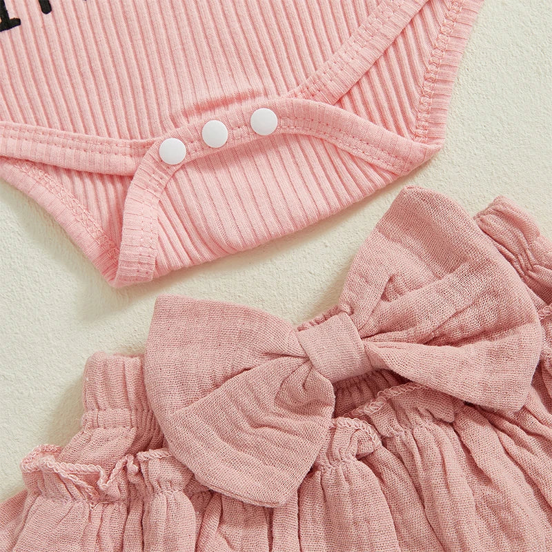 Adorable Baby Girls 4-Piece Set with Letter Print Romper Ruffles Layered Skorts Headband and Socks for a Cute Look